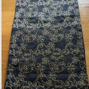 Thro Living Table Runner 14"W x 72"L Black With Embroidered Gold  Skulls NEW